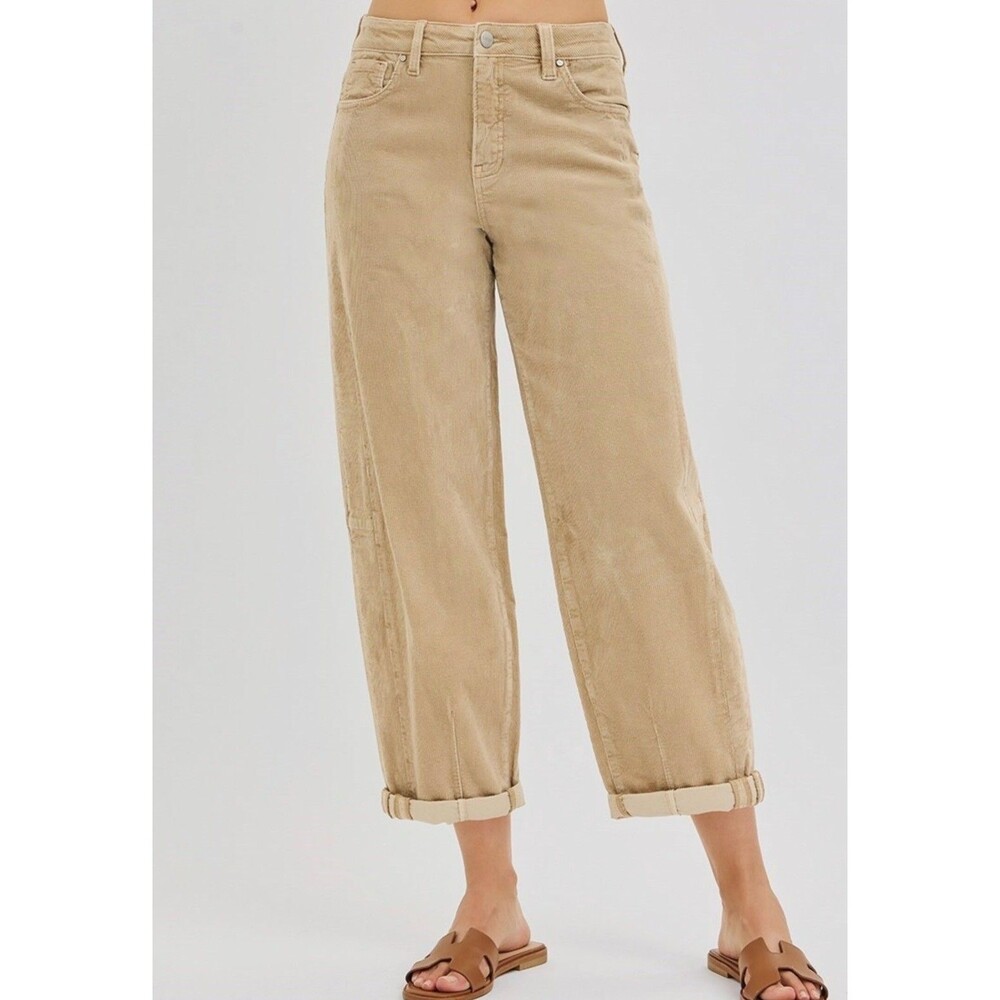 Risen High Rise Crop Barrel Corduroy Pants Women's 7/28 Tan Stretch PGA21167 NEW